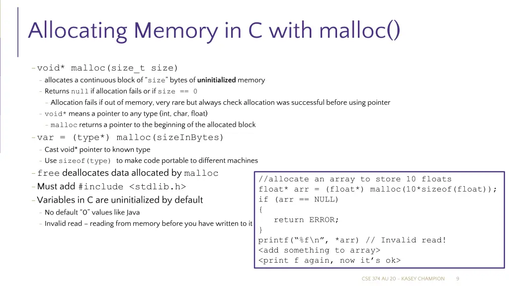 allocating memory in c with malloc