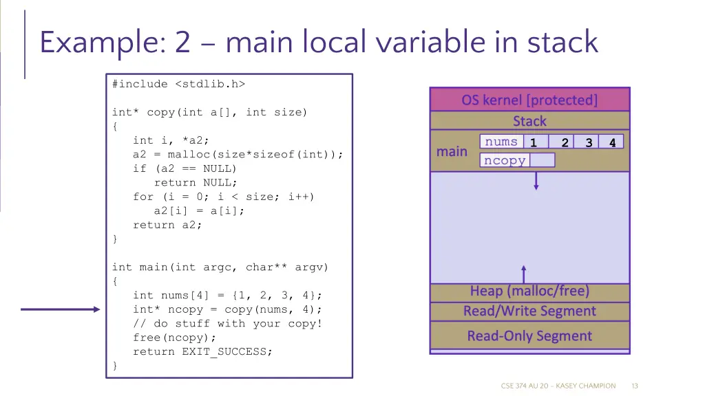 example 2 main local variable in stack