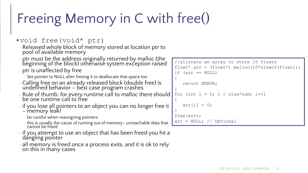 freeing memory in c with free