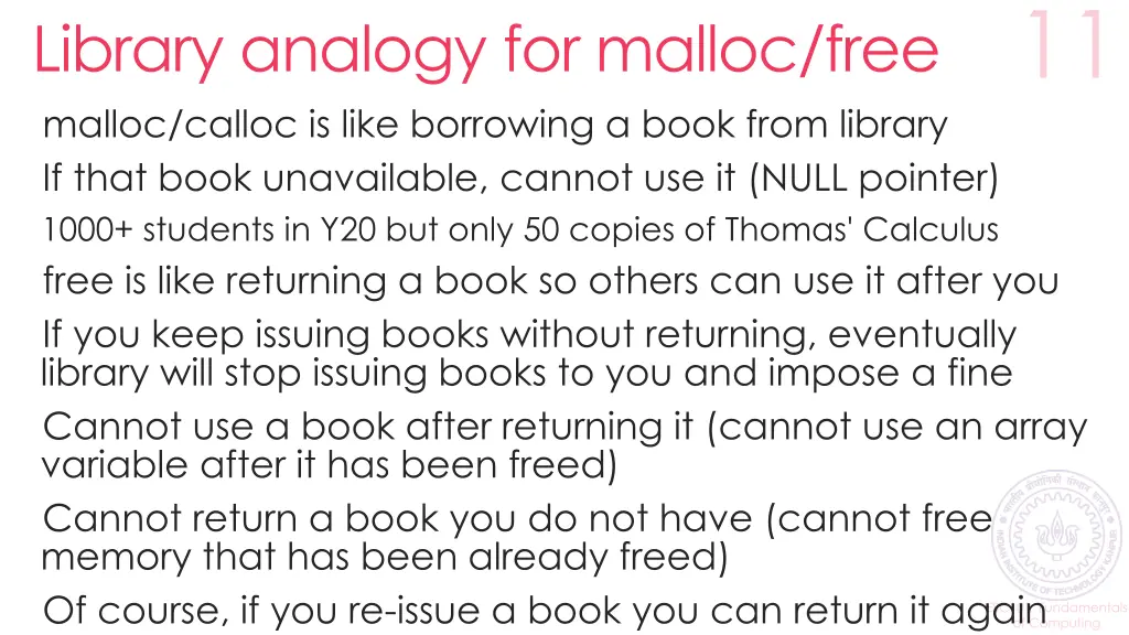 library analogy for malloc free malloc calloc
