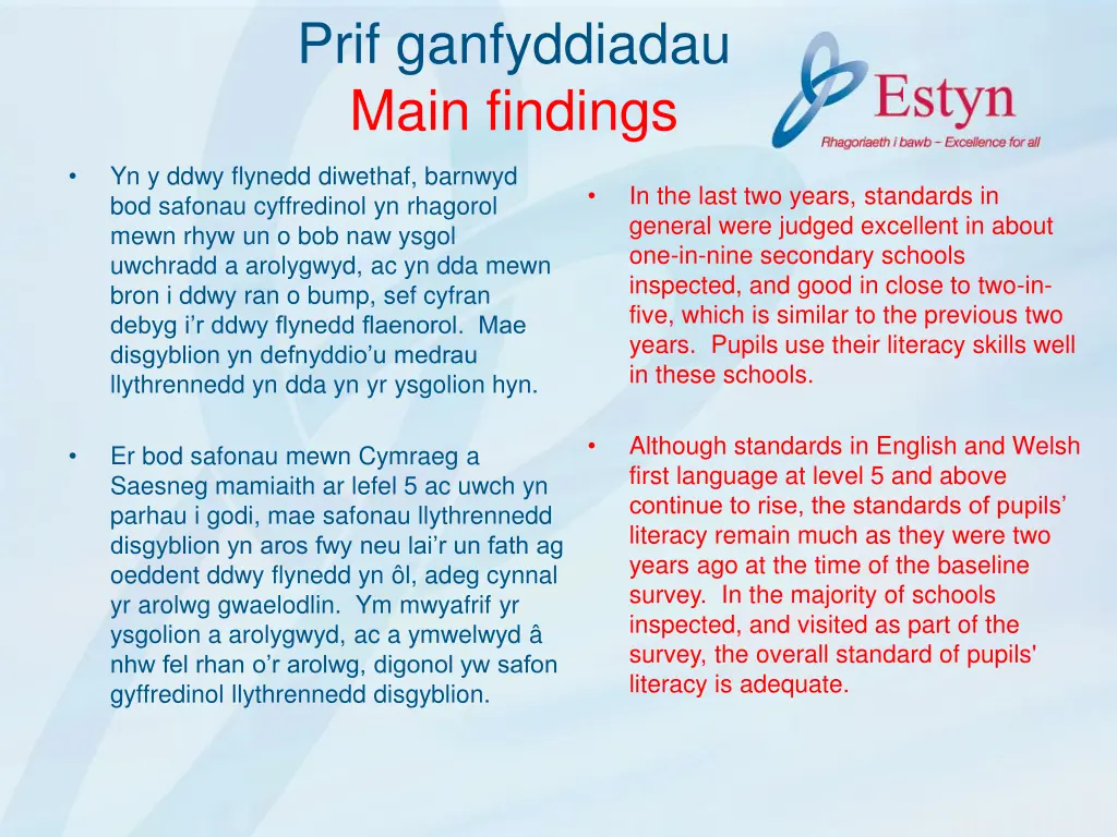 prif ganfyddiadau main findings