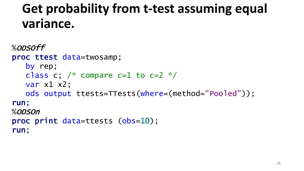 get probability from t test assuming equal