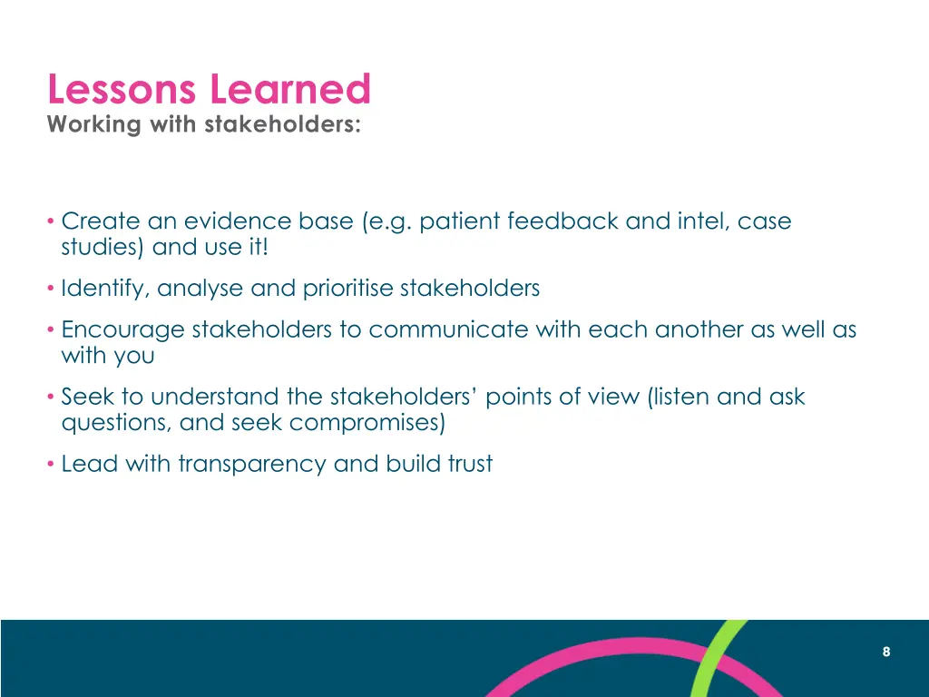 lessons learned working with stakeholders