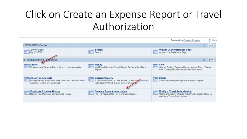 click on create an expense report or travel