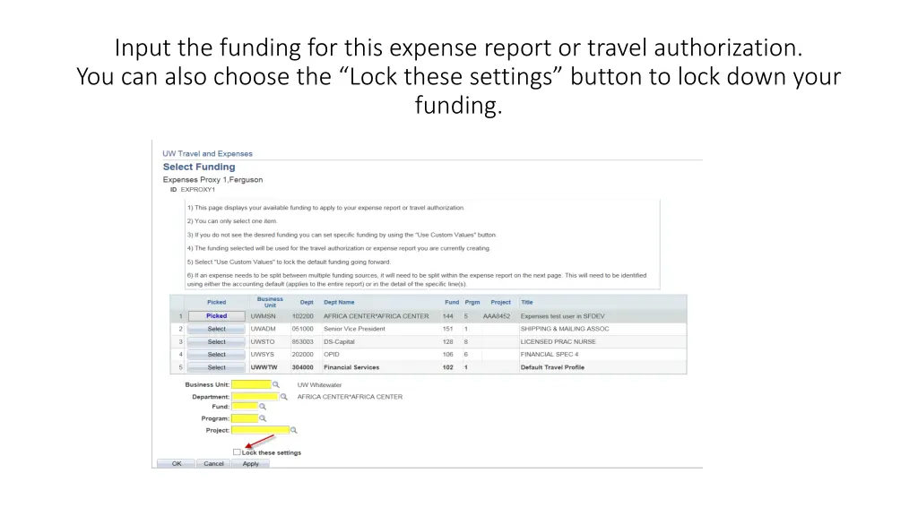input the funding for this expense report