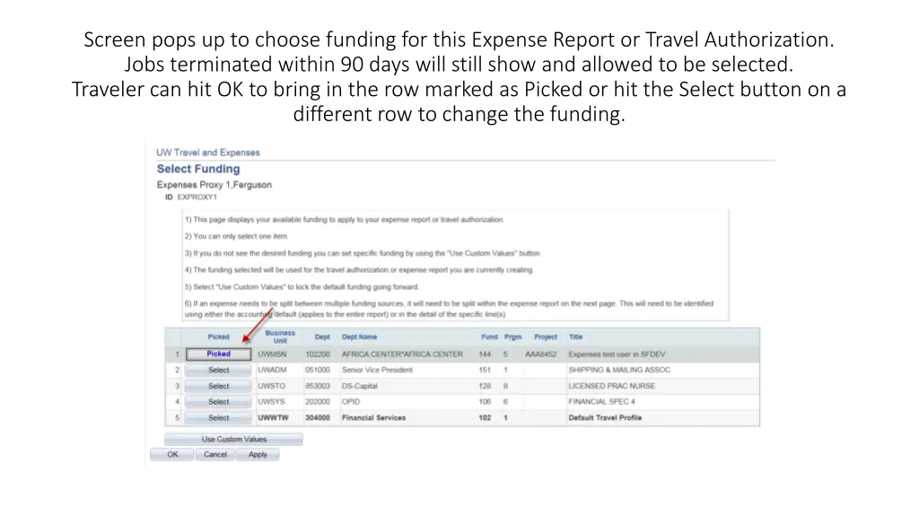 screen pops up to choose funding for this expense