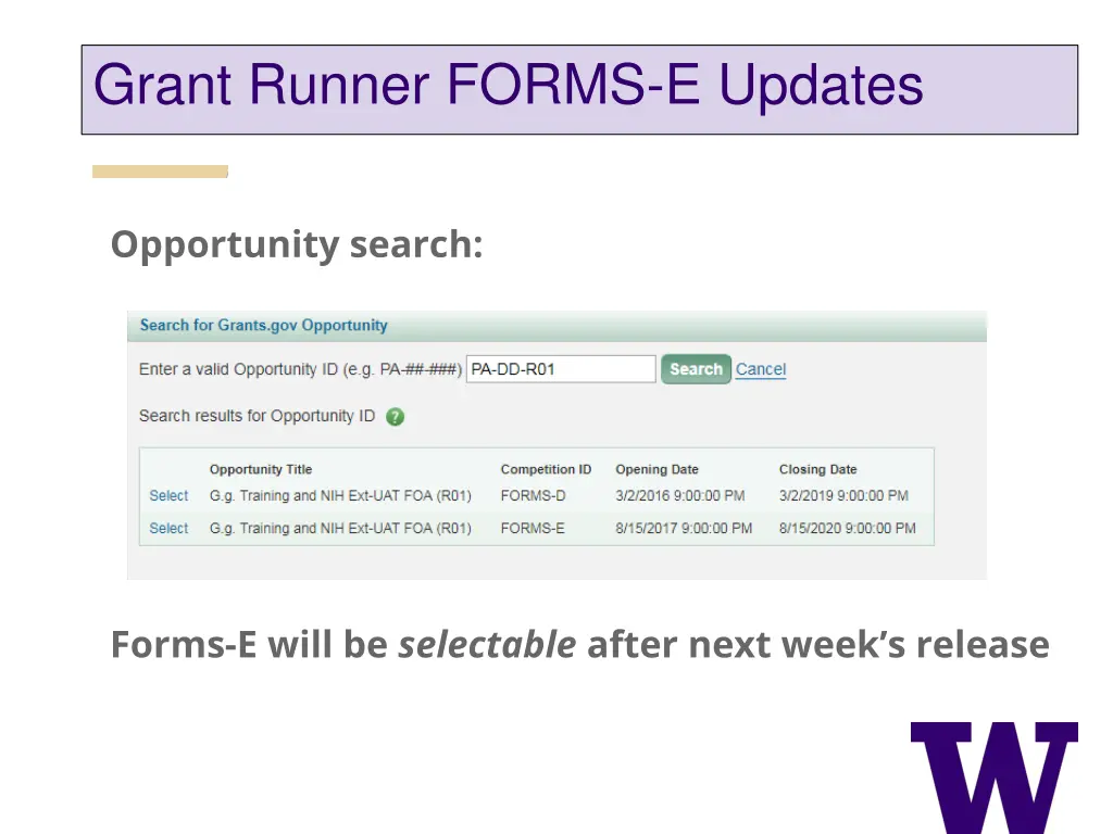 grant runner forms e updates