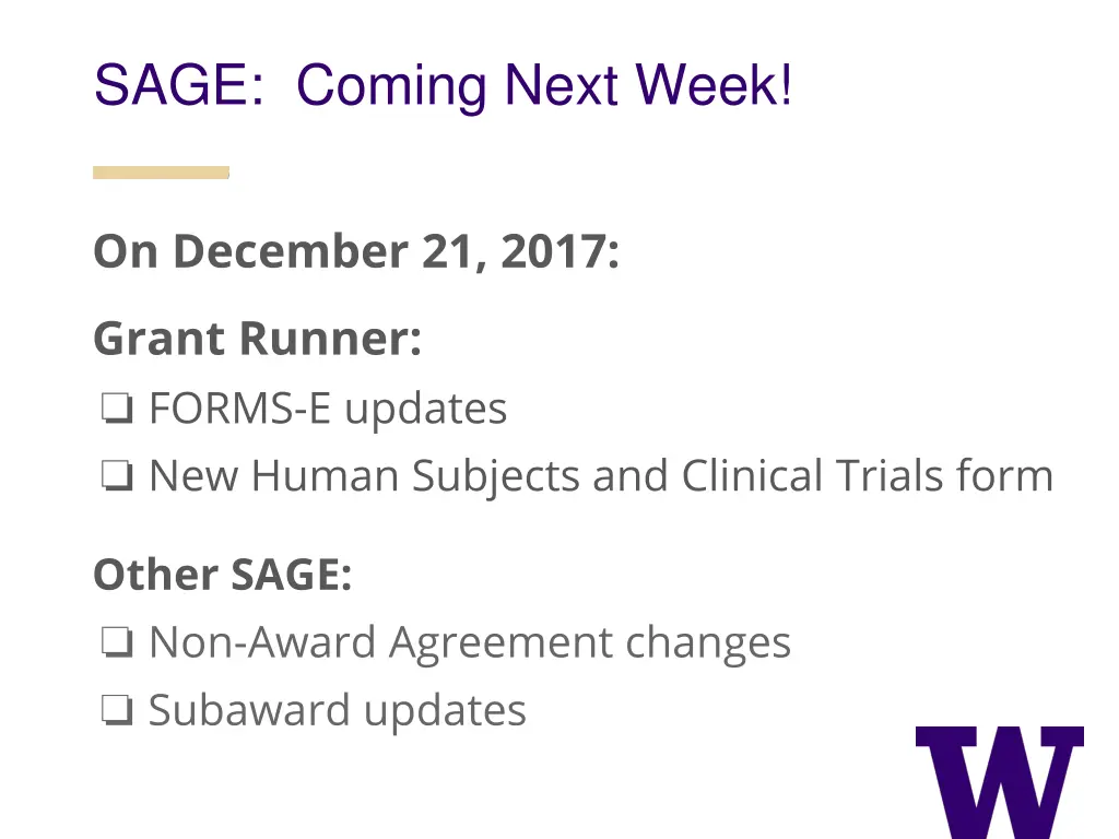 sage coming next week