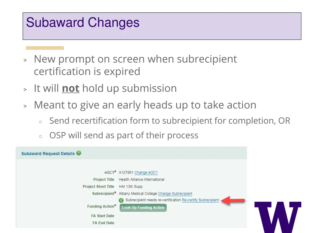 subaward changes