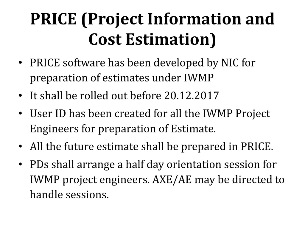 price project information and cost estimation