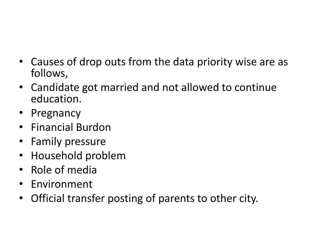 causes of drop outs from the data priority wise