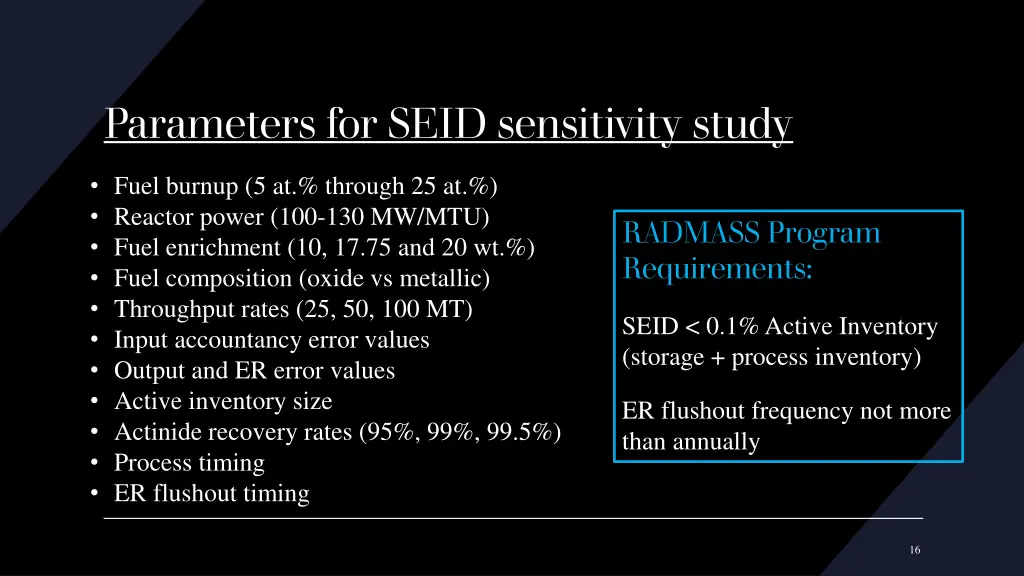 parameters for seid sensitivity study