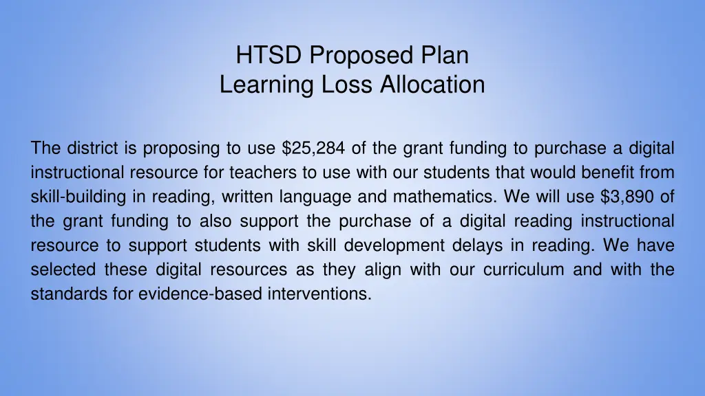 htsd proposed plan learning loss allocation
