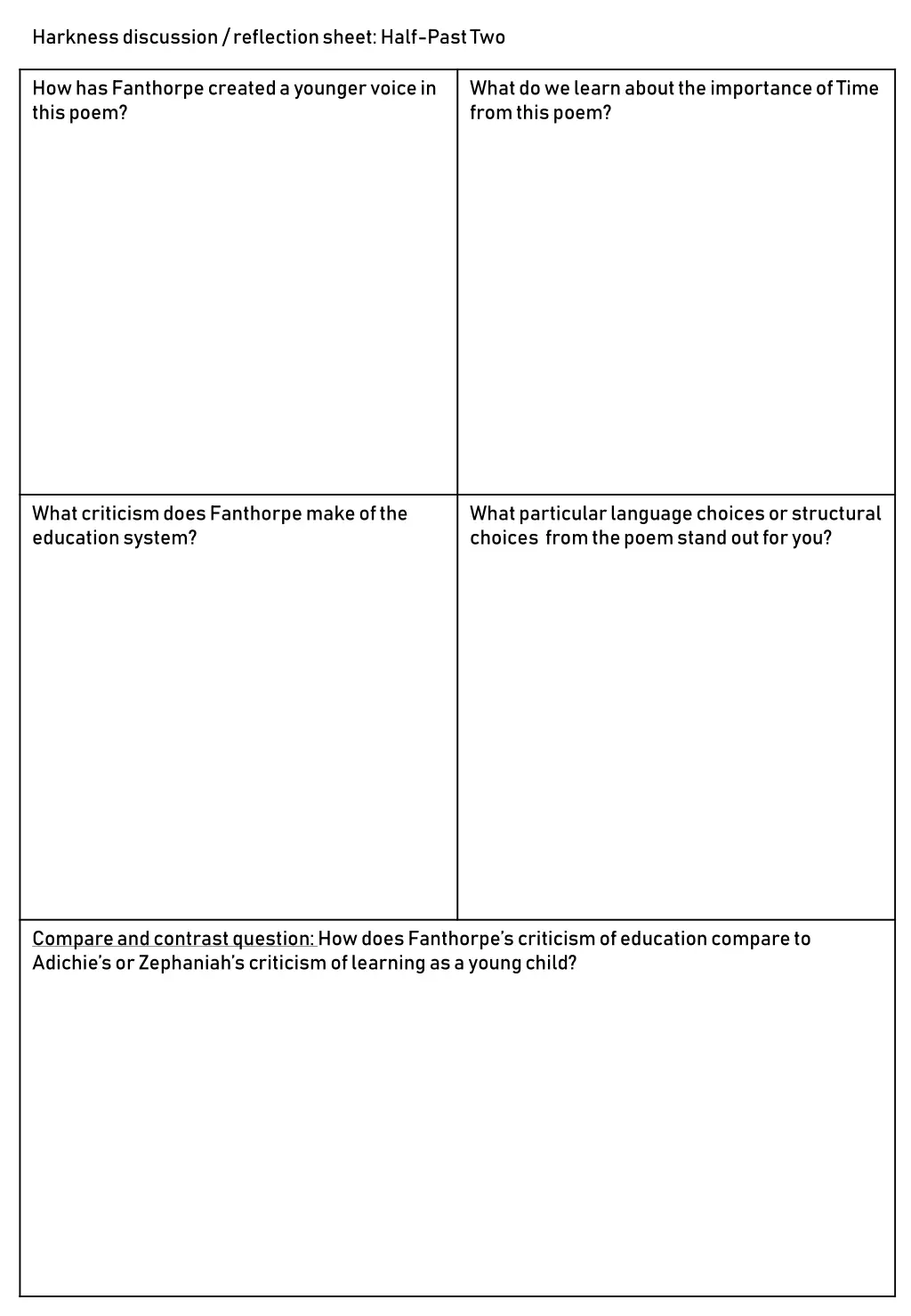 harkness discussion reflection sheet half past two
