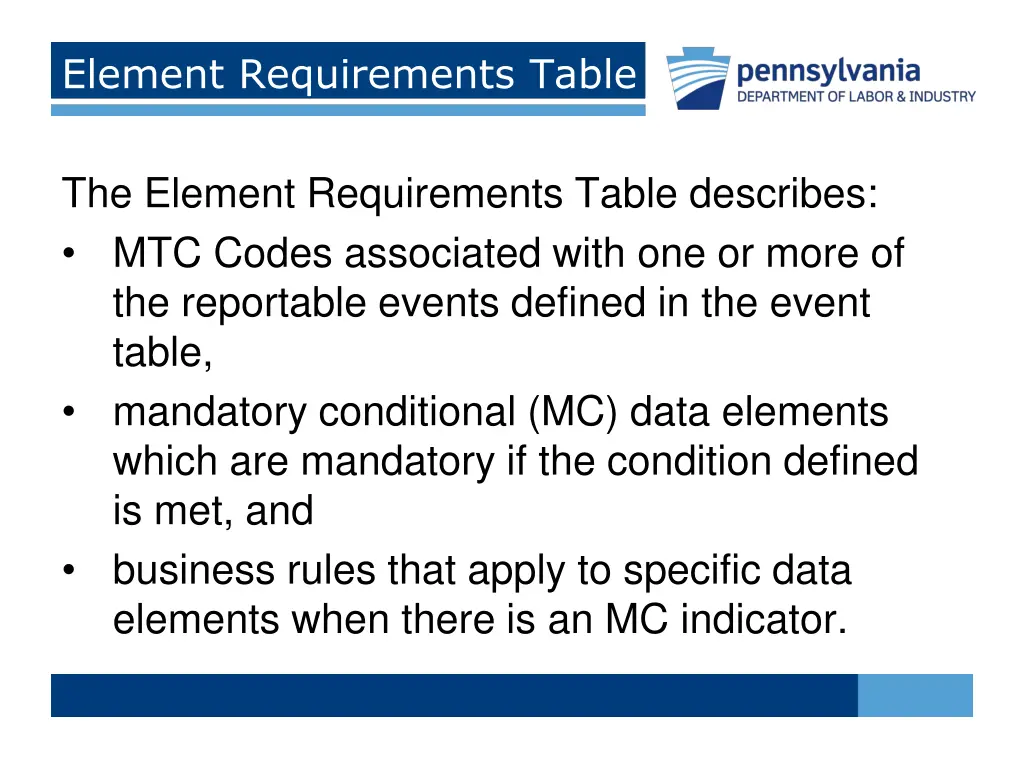 element requirements table 1