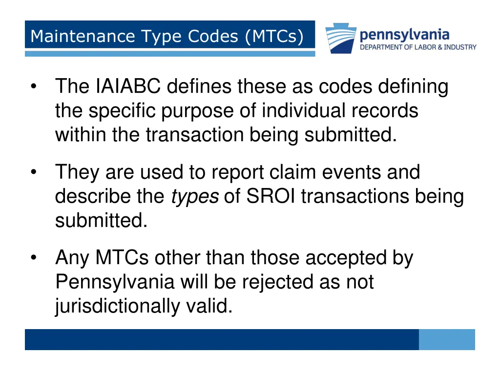 maintenance type codes mtcs