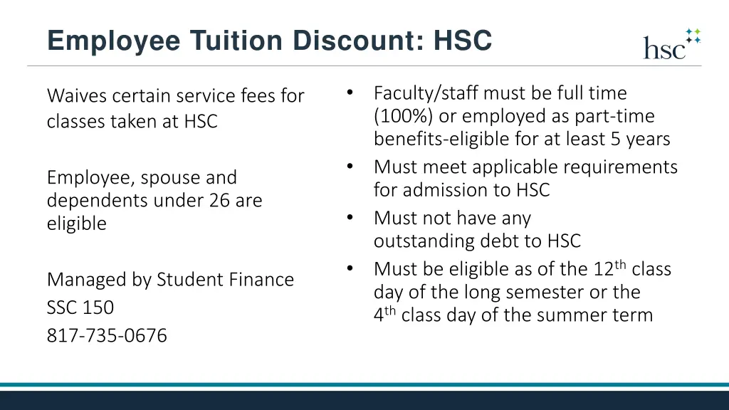 employee tuition discount hsc