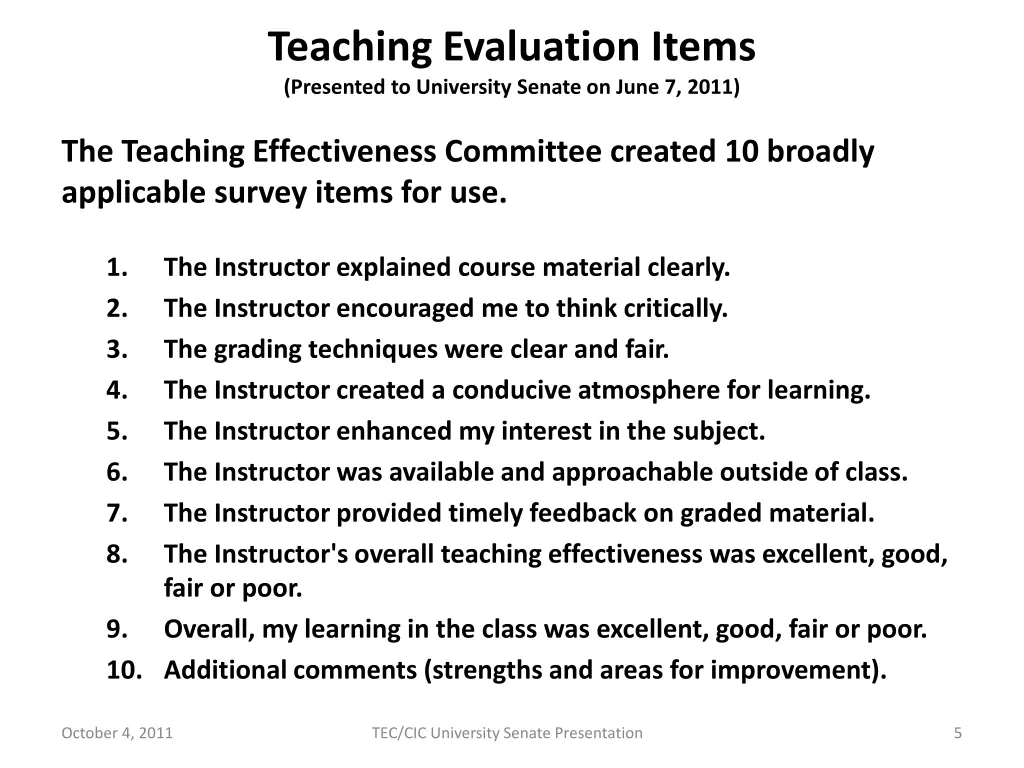 teaching evaluation items presented to university
