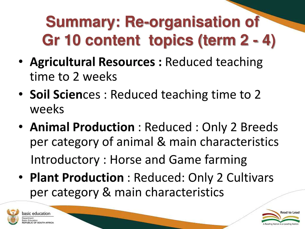 summary re organisation of gr 10 content topics