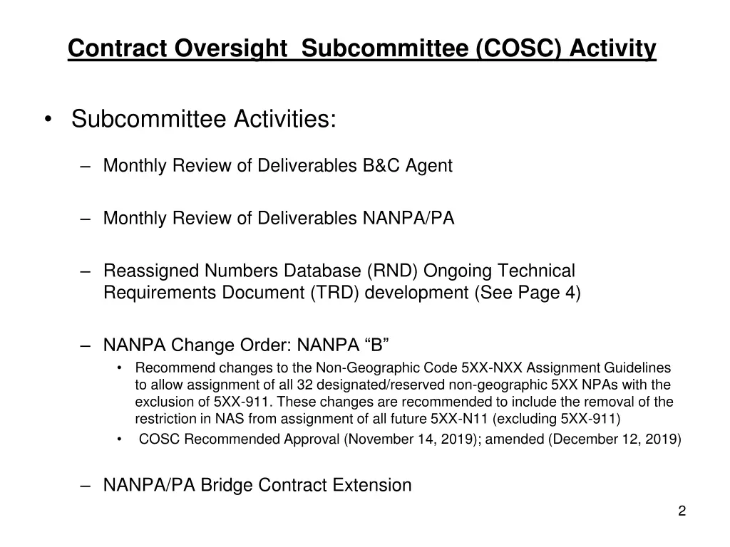 contract oversight subcommittee cosc activity
