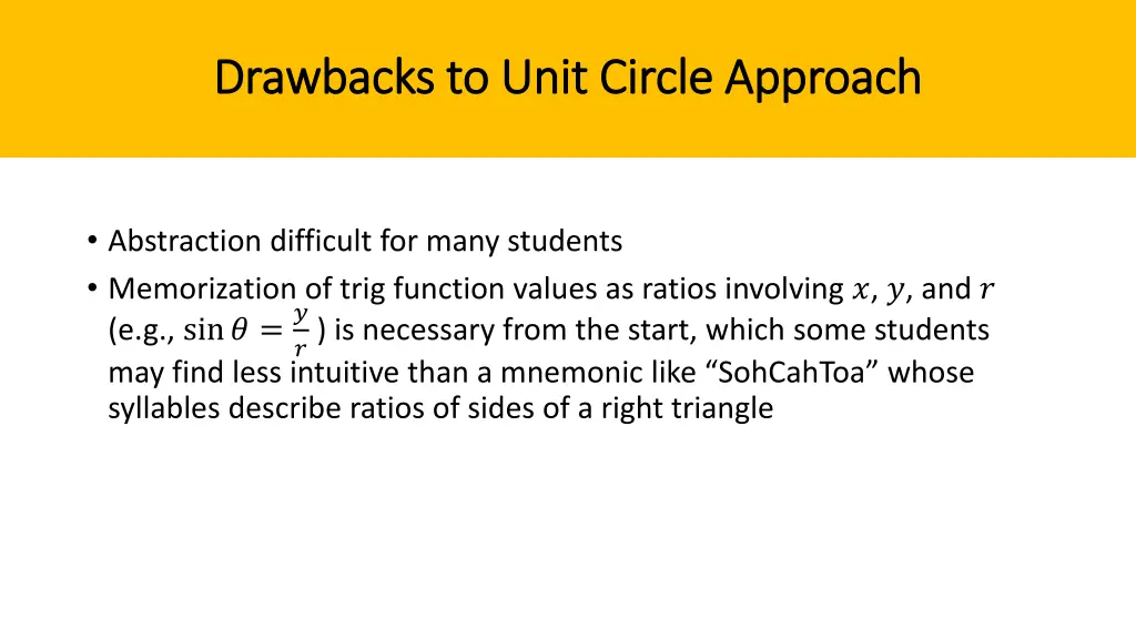 drawbacks to unit circle approach drawbacks