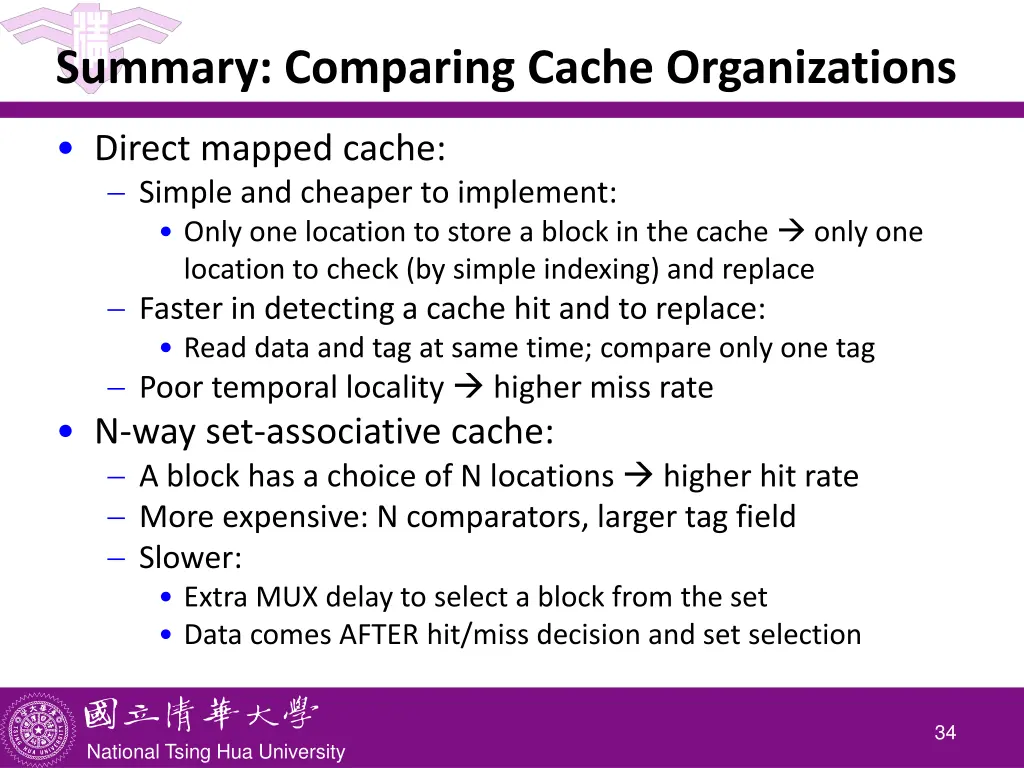 summary comparing cache organizations