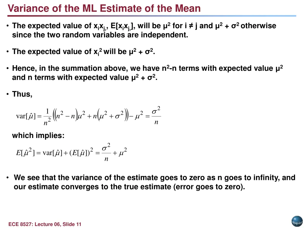 variance of the ml estimate of the mean