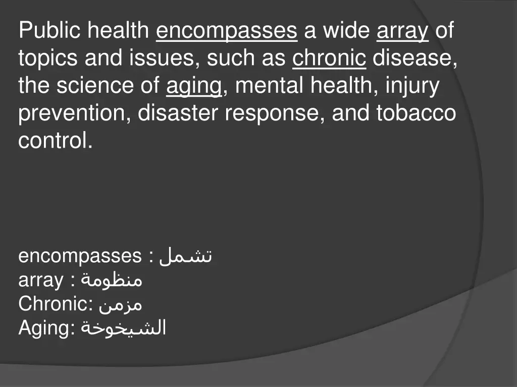 public health encompasses a wide array of topics