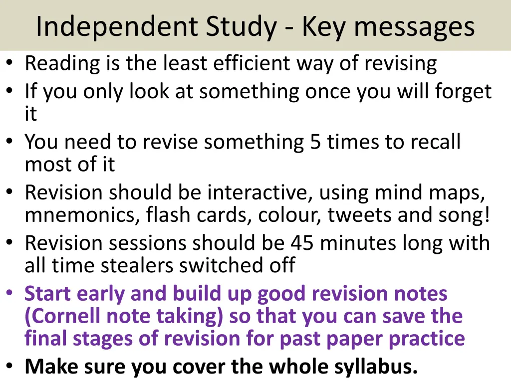 independent study key messages reading
