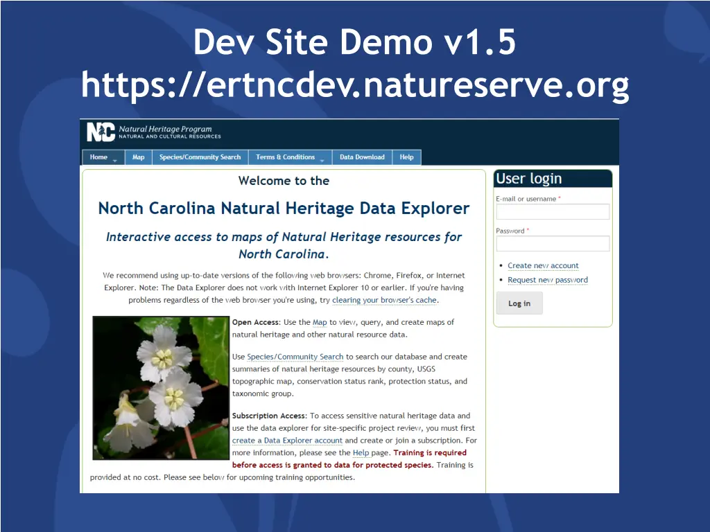 dev site demo v1 5 https ertncdev natureserve org
