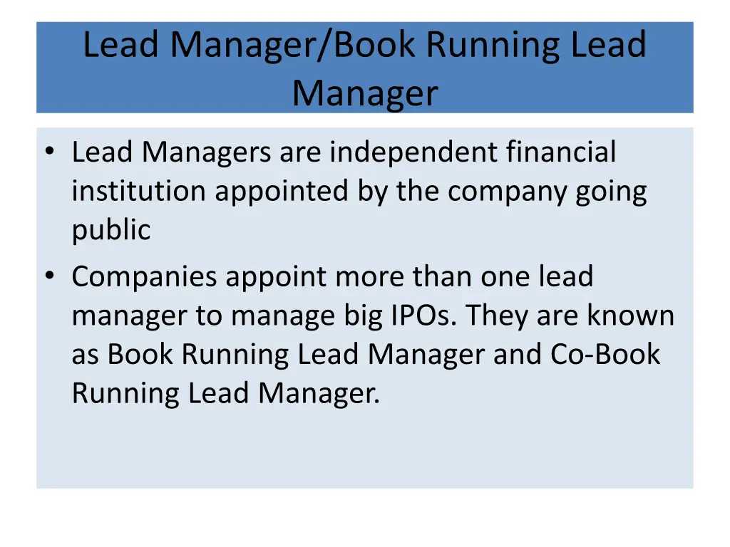 lead manager book running lead manager