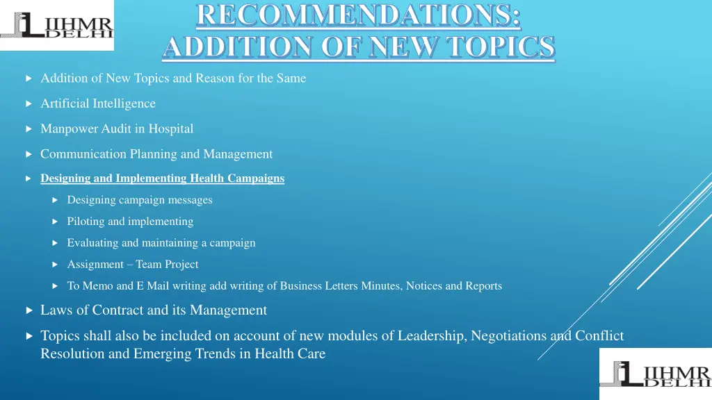 recommendations addition of new topics