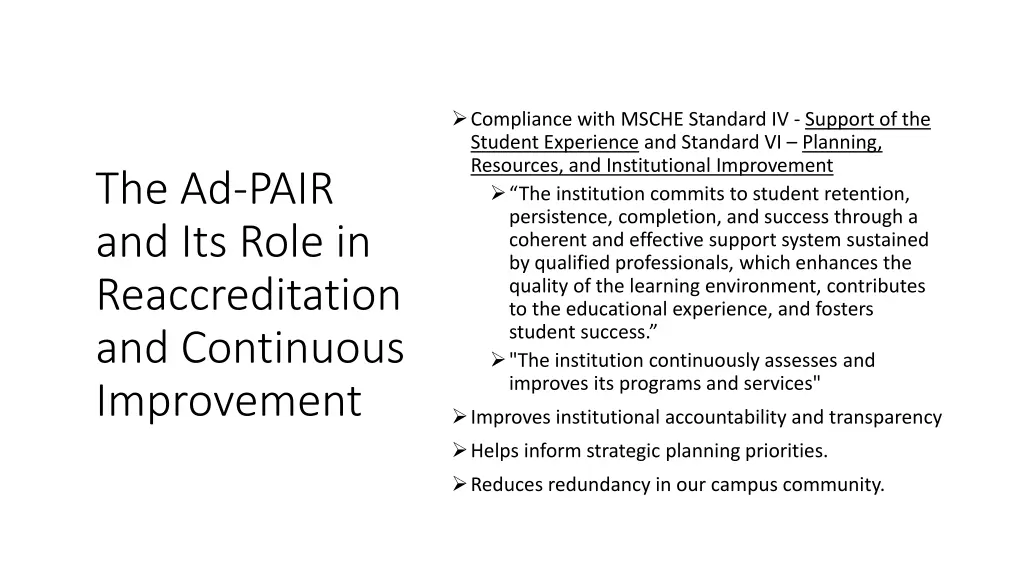 compliance with msche standard iv support