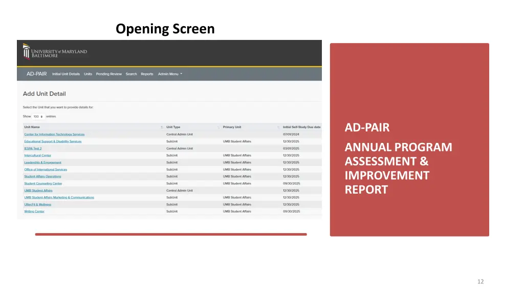 opening screen