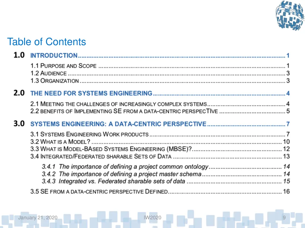 table of contents