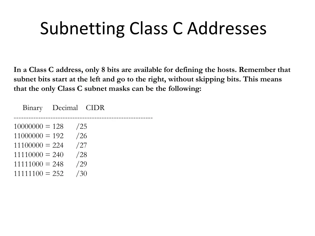 subnetting class c addresses