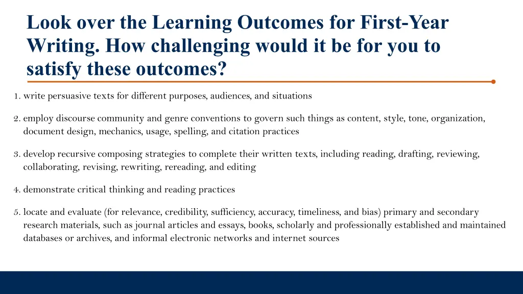 look over the learning outcomes for first year