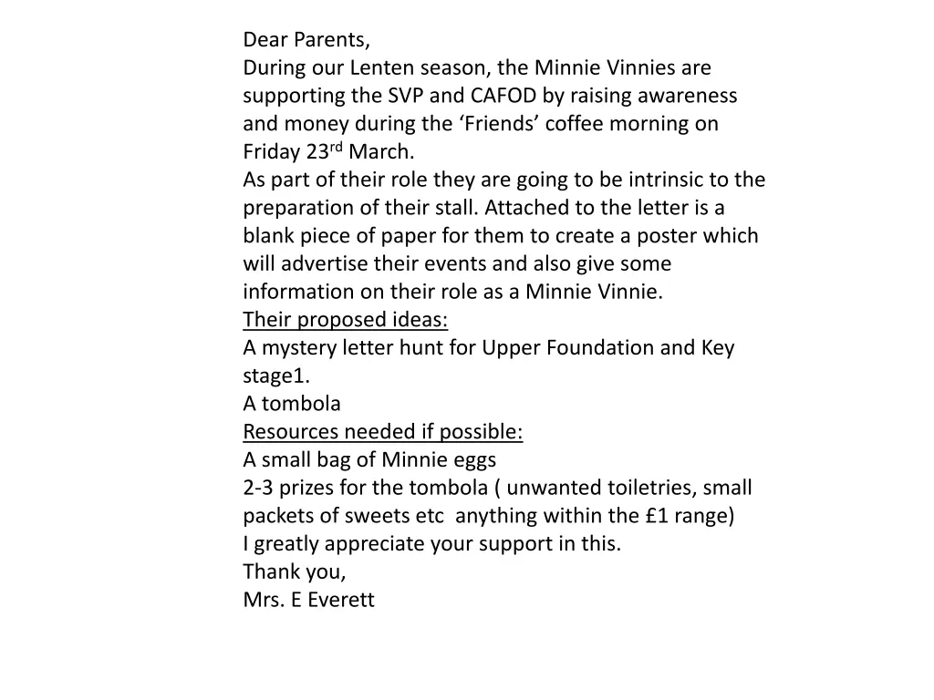dear parents during our lenten season the minnie