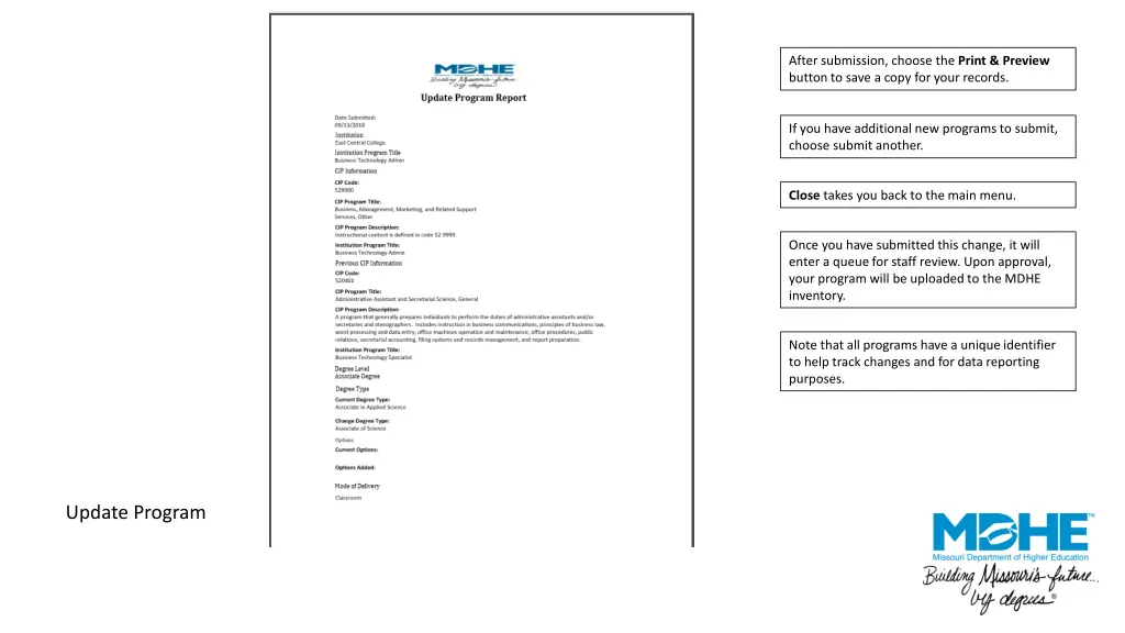 after submission choose the print preview button