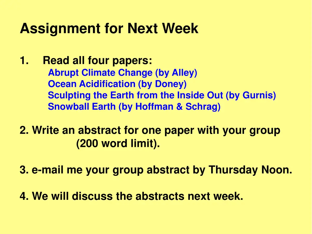 assignment for next week