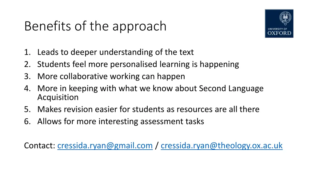 benefits of the approach