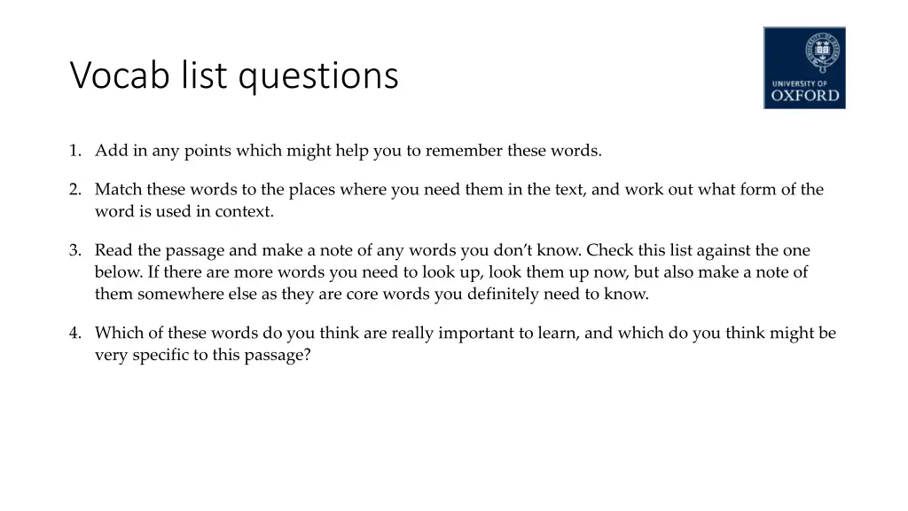 vocab list questions