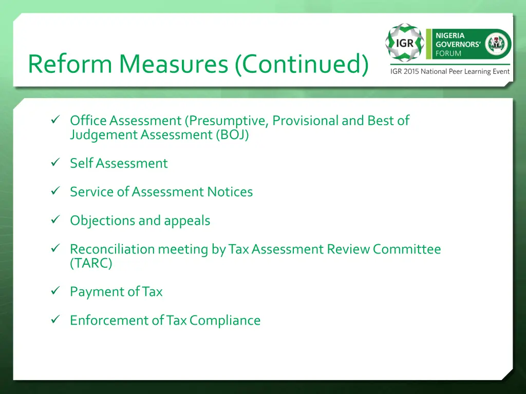 reform measures continued