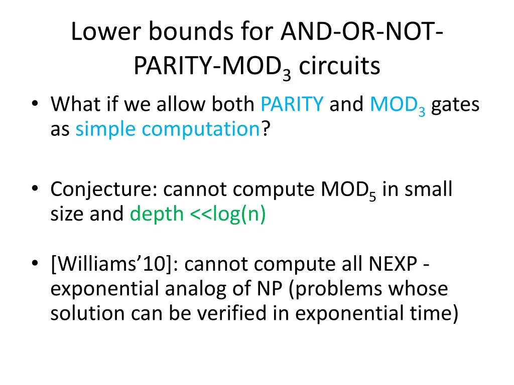 lower bounds for and or not parity mod 3 circuits