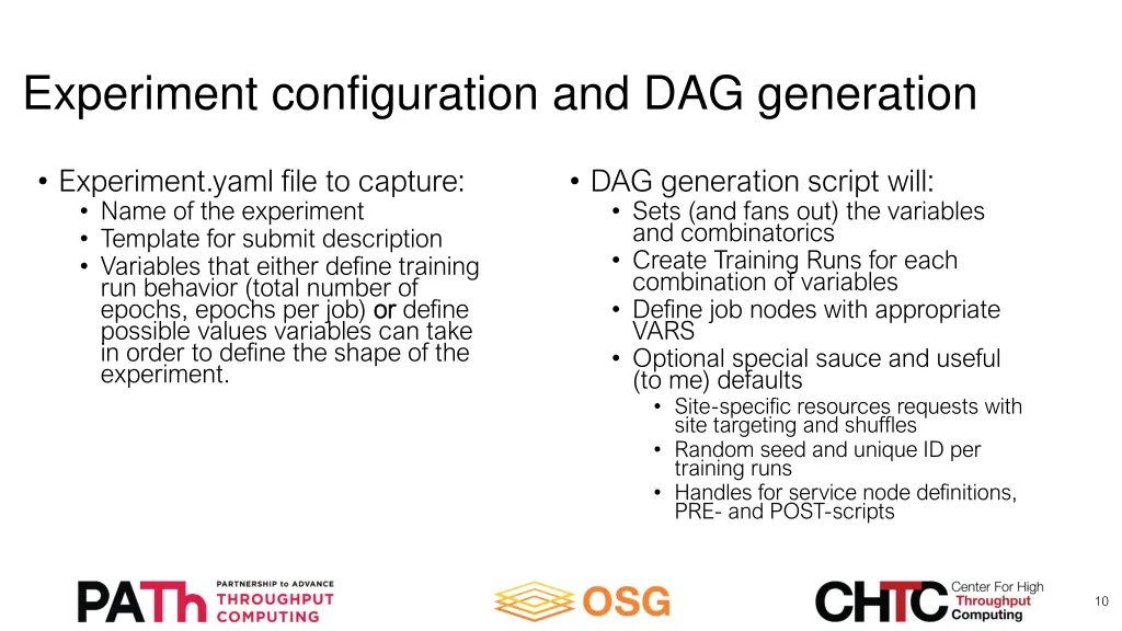 experiment configuration and dag generation