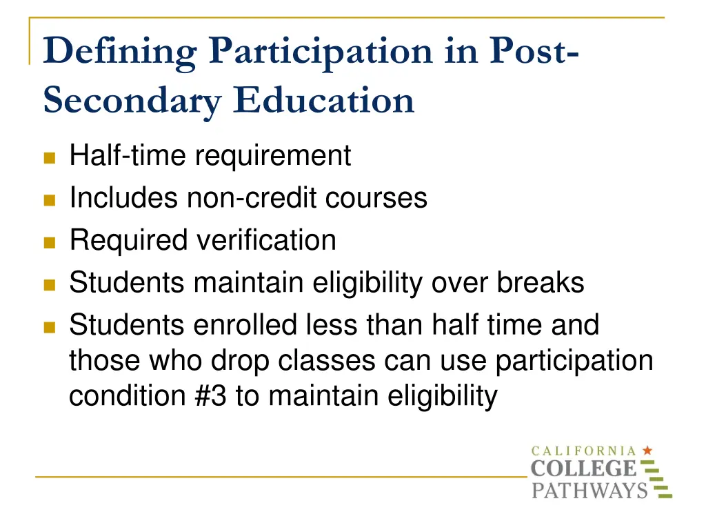 defining participation in post secondary education