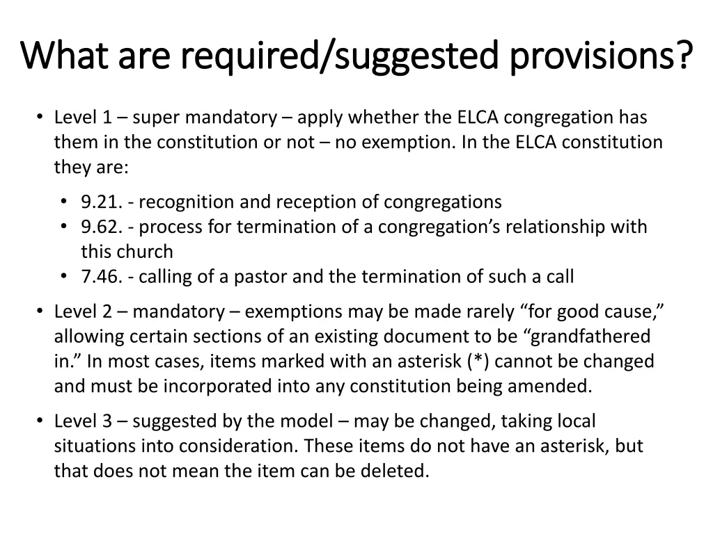 what are required suggested provisions what