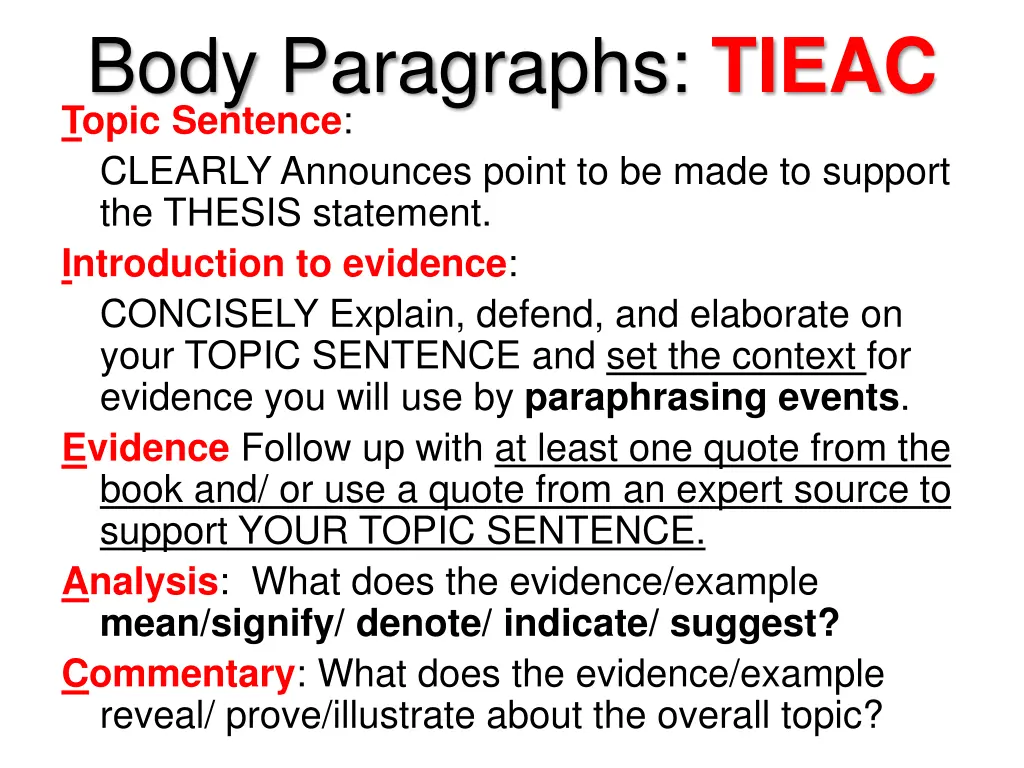 body paragraphs tieac topic sentence clearly