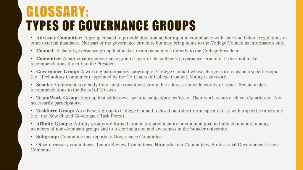 glossary types of governance groups advisory