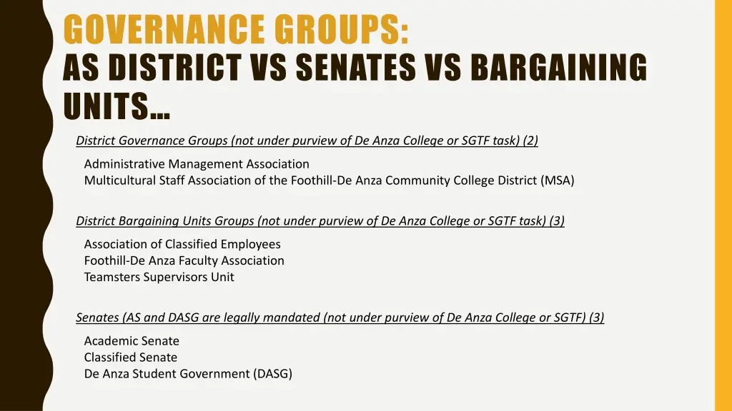 governance groups as district vs senates